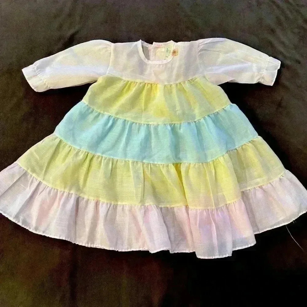 Preemie size or doll multicolored pastel yellow blue pink dress lightweight